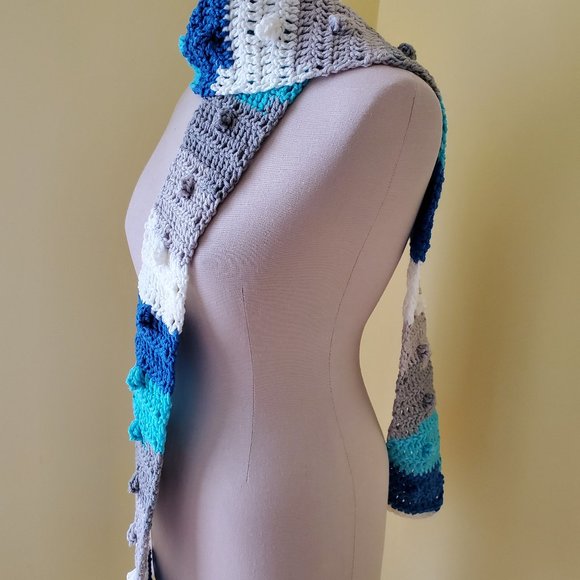 Crochet Popcorn Blue Skinny Scarf/New - Picture 3 of 5